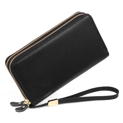 SENDEFN Geldbörse Damen Leder Groß und im Langformat, Portemonnaie Doppeltem Reißverschluss, Geldbeutel Damen mit RFID Schutz, Portmonee mit Reißverschluss Münzfach und Vielen Fächern