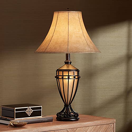 Franklin Iron Works Cardiff Traditional Rustic Urn-Shaped Table Lamps 33" Tall Set Of 2 With Nightlight Brushed Iron Cage Champagne Glass Beige Fabric Bell Shade For Living Room Bedroom House #TOP2