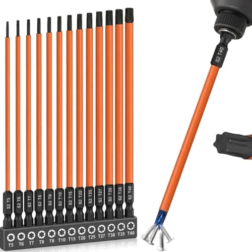 Image of 13 Pcs Long Torx Bit Set for Impact Driver, Hex-Shank Torx Screwdriver Bit Magnetic Impact, S2 Steel Star Bit Set (T5-T40) 150 mm (6 in)