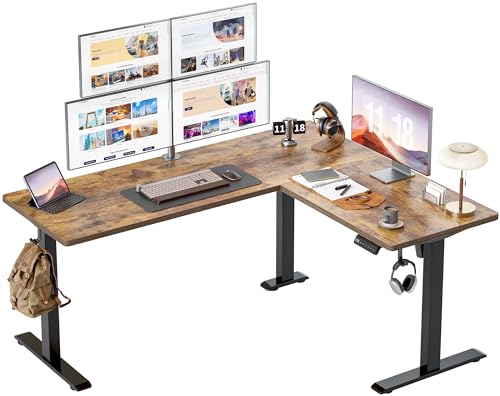 BEXEVUE L Shaped Standing Desk, 160x140 cm Corner Standing Desk, Electric Height Adjustable Desk with 3 Memory Controls, Sit Stand Gaming Desk for Home Office, Vintage Brown