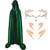 Patelai 4 Pcs Halloween Elf Costume for Women Elf Ears Hooded Cloak Velvet Cape Rhinestone Leaf Crowns for Women Adult(Green)