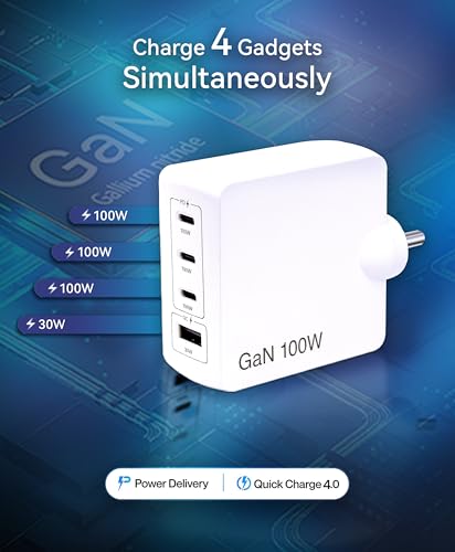 Image of BlueRigger 100W 4-Port GaN Charger PD QC3.0 QC4.0 PPS Fast Charging Compact Adapter for All MacBook Series and laptops with USB C Charging Port (White)