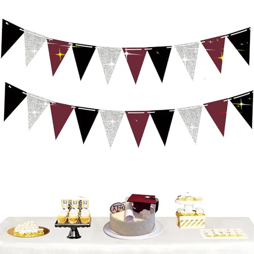 Graduation Decorations Maroon Black 2026/Burgundy Black Graduation Party Decorations/Burgundy Silver Triangle Banners 2pcs for Maroon Birthday Party Bridal Shower/Wedding by Qian's Party - Used condition - US$5.94