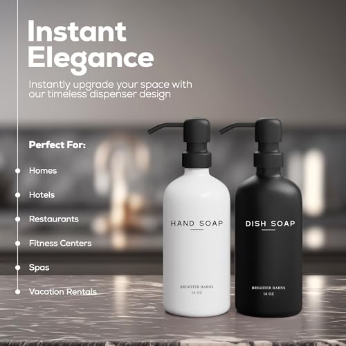 Luxury Glass Hand and Dish Soap Dispenser Set by Brighter Barns - Kitchen Soap Dispenser Set with Stainless Steel Pump for Kitchen Sink - Neutral Modern Farmhouse Home Decor for Airbnb (Black/White) by Brighter Barns - Used condition - US$17.49