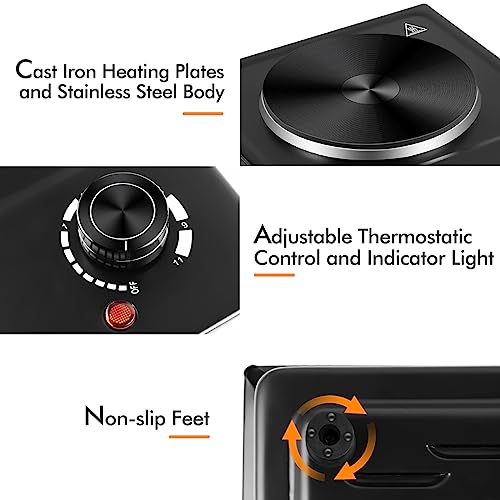 CUSIMAX Hot Plate, Single Burner Electric Cooktop, 1500W Electric Burner Hot Plate for Cooking with Adjustable Temperature, Portable Countertop Burner Stainless Steel, Black, New Model - Thumbnail 2