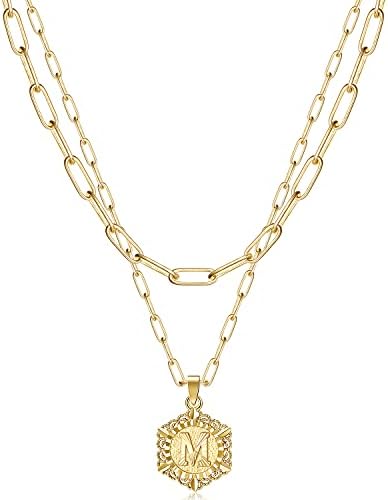 KissYan Initial Necklaces for Women, 14K Gold Plated Hexagon Letter Pendant Silver Chain Dainty Layered White Gold Paperclip Link Adjustable Capital A-Z Choker Necklace Trendy Jewelry Gifts