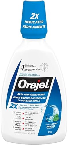 Orajel Antiseptic Oral Pain Rinse – Formulated for Mouth Sores, Cleanses Hard-to-Reach Areas, Dual-Medicated with Hydrogen Peroxide & Menthol, 473mL