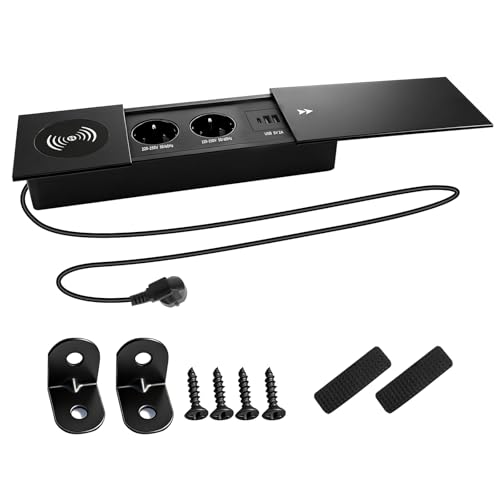 Image of Recessed Power Socket with 15W Wireless Charging, 6-in-1 Desktop Hidden Power Strip with 2 AC + 2 USB + Type-C, Aluminum Alloy Sliding Lid, Built-in Socket for Home Office