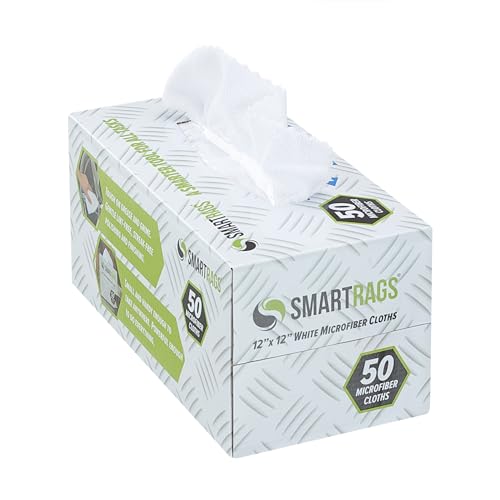 Arkwright Smart Rags in Box - (Pack of 50) Lint Free Microfiber Cleaning Cloth, Scratch & Streak-Free, Dispensable Wash Towels for Cars, Window Glass, and Auto Shop, 12 x 12 in, White