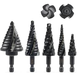 Step Drill Bit Set, 5PCS Four Spiral Flute Step Bits for Metal, 50 Sizes Titanium-Coated HSS Drill Bits with 1/4