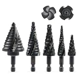 Step Drill Bit Set, 5PCS Four Spiral Flute Step Bits for Metal, 50 Sizes Titanium-Coated HSS Drill Bits with 1/4' Hex Shank for Stainless Steel Aluminum Wood Plastic
