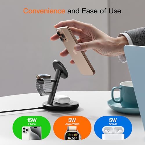 for Apple Watch 5W Fast Charger,3 in 1 Wireless Charging Station,for Apple Mag-Safe Charger Stand,Fast Magnetic Wireless Charger Station for iPhone 17 16 15 14 13 12 Series,Airpods,Apple Watch - 5