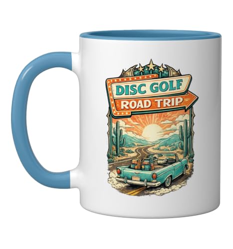 Disc Golf Road Trip Vintage Frolf Travel Gift Tee Retro Ceramic Mug, Blue/White