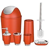 SOELAND Bathroom Accessories Set, 6 Pcs Plastic Gift Set Toothbrush Holder,Toothbrush Cup,Soap Dispenser,Soap Dish,Toilet Brush Holder,Tumbler Straw Set （red