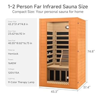 Real Relax Infrared Sauna Home Sauna Room for 1-2 Person, Indoor Canadian Hemlock Wood Saunas with 1600W, Bluetooth Speaker, 6 Heating Plate, 9 Color Chromo Therapy Lights, 43.3 * 37.4 * 74.8 Inch