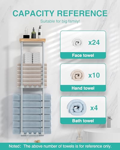 HapiRm Handtuchregal Badezimmer - Handtuchhalter Wand Montage, Handtuchregal mit Ablage, Handtuchhalter Bad, Handtuchhalter Schwarz, Gästehandtuchhalter mit 6 Handtuchhaken (Silber)