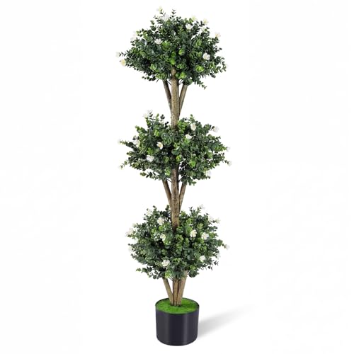 Goplus 51" Artificial Triple Ball Boxwood Topiary Tree, Faux Bush Plant with 59 Blossoms, Cement-Filled Plastic Pot, Sun-Resistant Indoor Outdoor Fake Greenery for Porch Home Decoration Housewarming