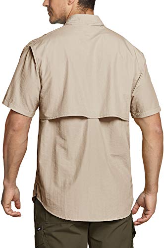 Tsla Men's Performance Fishing Shirt, Upf 50+ Breathable Button Down Shirts, Outdoor Recreation Short Sleeve Shirt, Short Sleeve Fishing Shirts Khaki, Large #TOP1