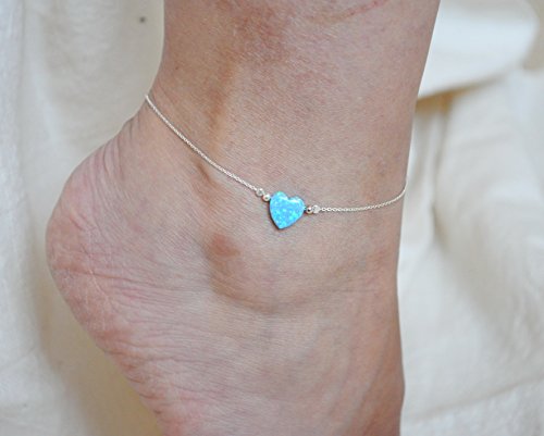 Ankle Love bracelet Opal heart. Sterling Silver Chain anklet. Adjustable