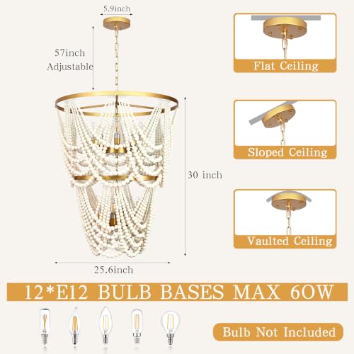 AyshwillDec 12-Light 25.6" Boho Wood Beaded Chandelier for Living Room, H88 Adjustable 2-Tier Gold Large Boho Chandelier for Entryway, Dimmable Coastal Chandeliers for Bedroom Foyer Staircase - Image 4