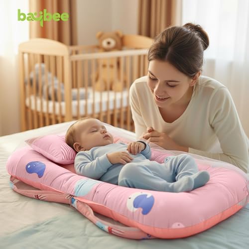 Image of BAYBEE 3 in 1 Baby Bedding Set with Mosquito Net, Foldable Infant Mattress, Portable Travel Nest, Cotton Lounger, Carry Bed with Pillow, Gift for Baby Boy Girl (Pink)