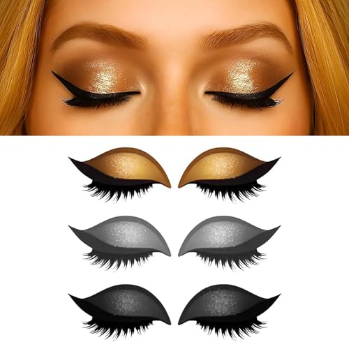 Lazy Eye Shadow Eyelash Patch, Eyeshadow Eyelashes Makeup Stickers with False Lashes & Shadow, Makeup Stencils Sticker, Reusable Colorful Eyes Makeup-Sticker for All Eye Shapes (Gold Silver Black)