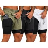 Pack de 3 Pantalones Cortos Hombre Deporte 2 en 1 con Malla de Compresión Bolsillos y Cinta Trasera Portatoallas (L, V/N/B)