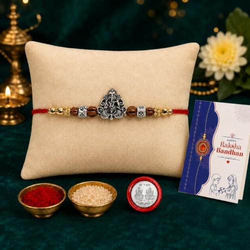 Image of Oblivion Rakhi For Brother - Elegant Stylish God Designer Rakhi with Beads and Silver Colour Pooja Coin, Tilak Set & Greeting Card - Traditional Raksha Bandhan Combo for Bhai (Ganesha, Variant 6)