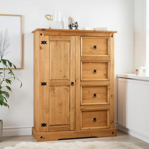 Image of Seconique Corona 1 Door 4 Drawer Low Wardrobe in Distressed Waxed Pine