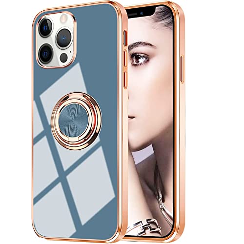 Omorro Compatible with Rose Gold iPhone 14 Pro Case for Women Girls Kickstand Ring Holder 360 TPU Rotation Ring Case with Stand Plating Edge Work with Magnetic Mount Slim Luxury Case, Gray