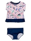 RuffleButts Baby/Toddler Girls Long Sleeve Rash Guard UPF50+ Sun Protected Bikini Swimsuit - Pink Sweet Sails, 6