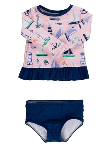 RuffleButts Baby/Toddler Girls Long Sleeve Rash Guard UPF50+ Sun Protected Bikini Swimsuit - Pink Sweet Sails, 6
