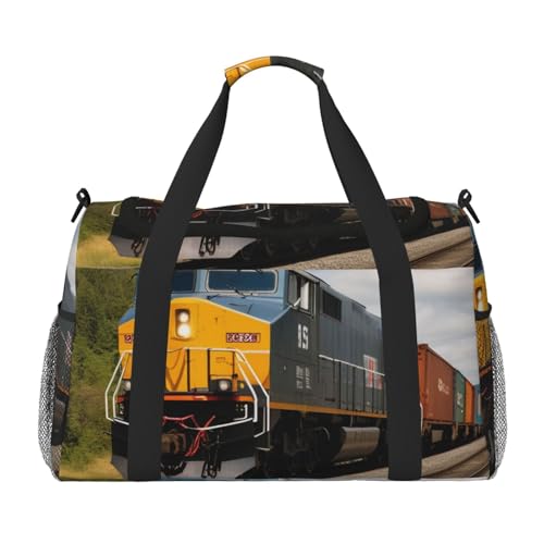 Freight Train Print Travel Duffle Bag - Foldable Personal Item Travel Bag for Women & Men,Carry-On Convertible Crossbody Tote Bags with Adjustable Shoulder Strap & Pockets 13x10.2x19.7 in