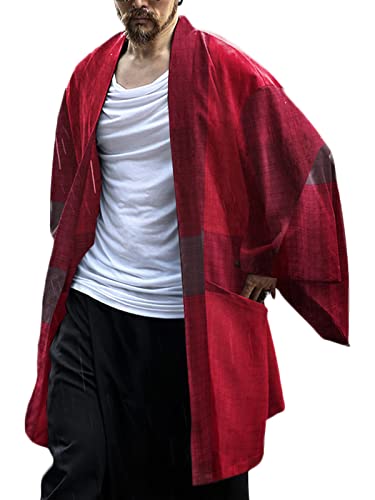 INCERUN Kimono Kariertes Langarm Oberteil Herren Kimono Jacke Herren Japanisch Oversized Freizeit Strickjacke Übergröße Lang Sommer Mäntel mit Tasche B-Rot 3XL Cover