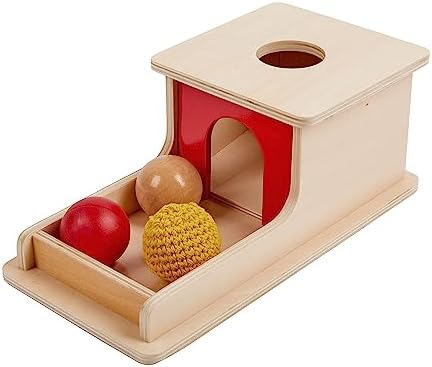 Adena Montessori Full Size Object Permanence Box with Tray Three Balls (Wood, Plastic,Knitted), Montessori Toys for Babies Infant 6-12 Month 1 Year Old Toddlers