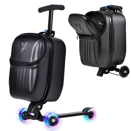 Top Opening Scooter Luggage for Kids & Adults，Foldable Scooter Suitcase with Light-Up Wheels & Front Opening，Lightweight Carry On Riding Suitcase For Children Teenagers Adults（21