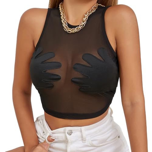 Women Sheer Mesh Crop Top See Through Tank Top Hand