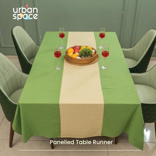 Image of Urban Space 100% Cotton Waffle Weave Dining Table Cover for 6 Seater, Table Cloth with Panelled Design, 6 Seater Cotton Table Cover for Center Table (Sage Green & Beige, 6 Seater, 48 inch x 92 inch)