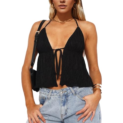 Women Front Tie Top Y2k Halter Neck Flowy Summer Going Out Tank