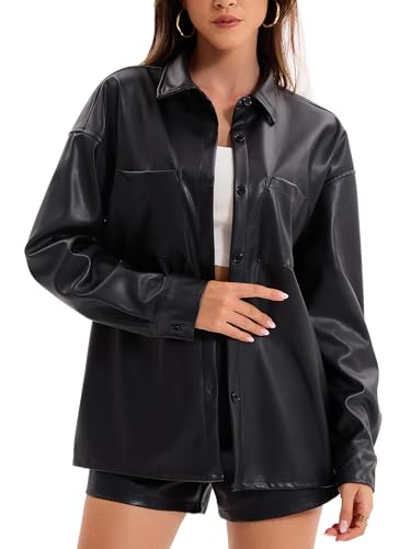 Women's Faux Leather Button-Down Shirt Jacket Lightweight Long Sleeve PU Blouse Shacket Tops