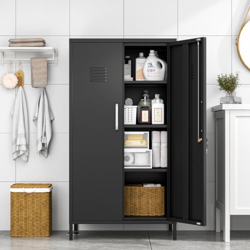 Image of pozdeg 47.24 inch Black Lockable Small Metal Storage Locker | Employees Locker with 2 Doors & 2 Adjustable Shelves, Steel File Cabinet for Employees, Home, School, Office & Gym