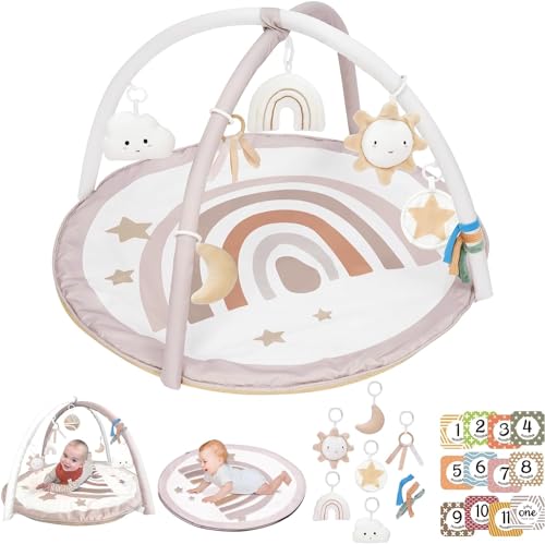 Baby Play Gym Mat, Tummy Time Activity Mat with 7 Detachable Toys and 12 Milestone Cards for Stage-Based Sensory and Motor Skill Development, Washable Play Mats for Infant, Newborn Baby Essentials by little dove - Used condition - CA$46.07