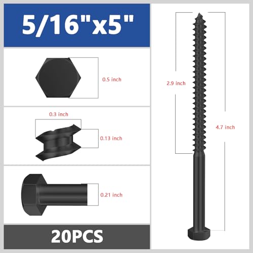 Wensilon Lag Screws Wood Screws (20PCS, 5/16"x5", Black) Hex Head Lag Bolts,(8x125) Heavy Duty Lag Screws,304 Stainless Steel Bolts 18-8 by Wensilon - Image 3