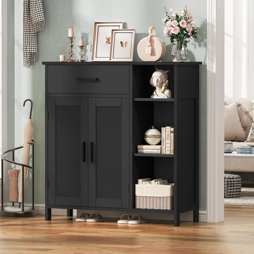 FIONESO Storage Cabinet, Floor Cabinet Wooden Storage Organizer, Coffee Bar Cabinet with 2 Doors and 3 Shelves, Cupboard for Entryway/Living Room/Bathroom, Black - Thumbnail 4