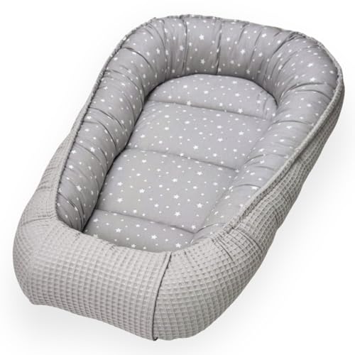 Nido Blando Bebe,100% Algodon Organico,Seguridad bebé,Reductor Cuna,Capullo colecho, Mini Cuna Recien Nacido, Moises Envolvente, Transpirable,Ideal Viajes, Industria España (Estrella Gris)