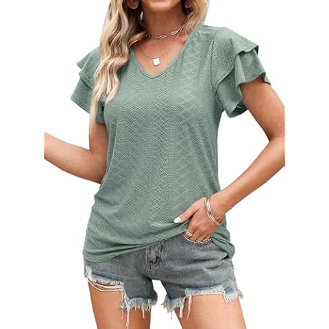 Kikula Womens Eyelet Tops Loose Fit Tshirts V Neck Ruffle Seeve Flutter Sleeve Shirts Tops Blouse Cover