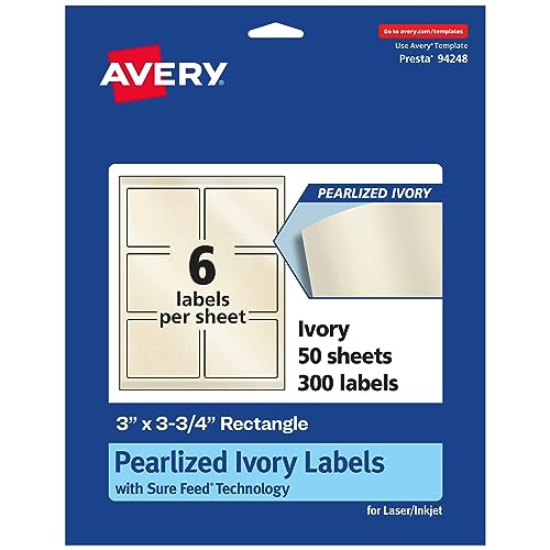 Avery® Pearlized Ivory Rectangle Labels, Sure Feed® Technology, Print-to-The-Edge, 3" x 3.75", 300 Pearlized Ivory Labels, Laser/Inkjet Printable