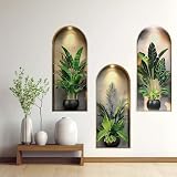 3D Adesivo Murale Piante 3 Pezzi Autoadesivi Foglie Tropicali Monstera Vasi Fiori Verde 25x60cm Moderno Vinile Quadro Parete Per Soggiorno Camera Cucina Ufficio Divano