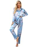 Ekouaer Women's Classic Button Down Long Satin Silk Pajama Set,Large,Blue Floral