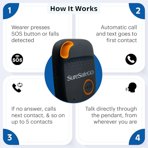 SureSafeGO Medical Alert System for Elderly - Calls Friends and Family - GPS Tracking, Fall Detection, 4 Day Battery Life, Shower Water Resistant - Monthly Subscription Required (Black)